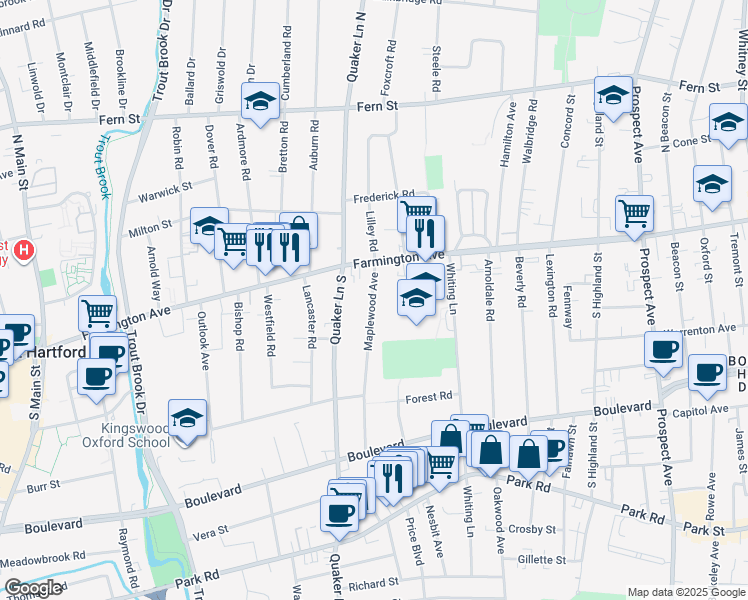 map of restaurants, bars, coffee shops, grocery stores, and more near 50 Maplewood Avenue in West Hartford