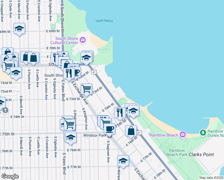 map of restaurants, bars, coffee shops, grocery stores, and more near 7344 South South Shore Drive in Chicago