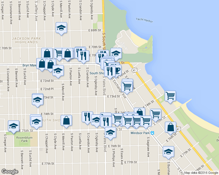 map of restaurants, bars, coffee shops, grocery stores, and more near 7246 South Phillips Avenue in Chicago
