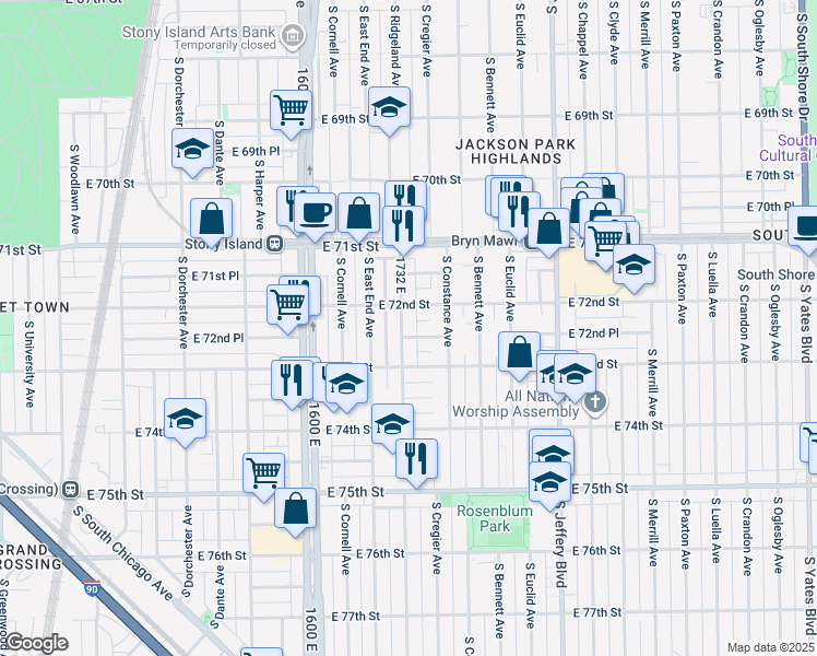 map of restaurants, bars, coffee shops, grocery stores, and more near 7243 South Ridgeland Avenue in Chicago