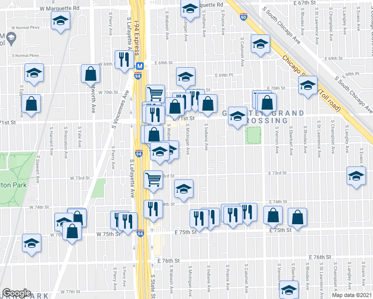 map of restaurants, bars, coffee shops, grocery stores, and more near 7229 South Wabash Avenue in Chicago