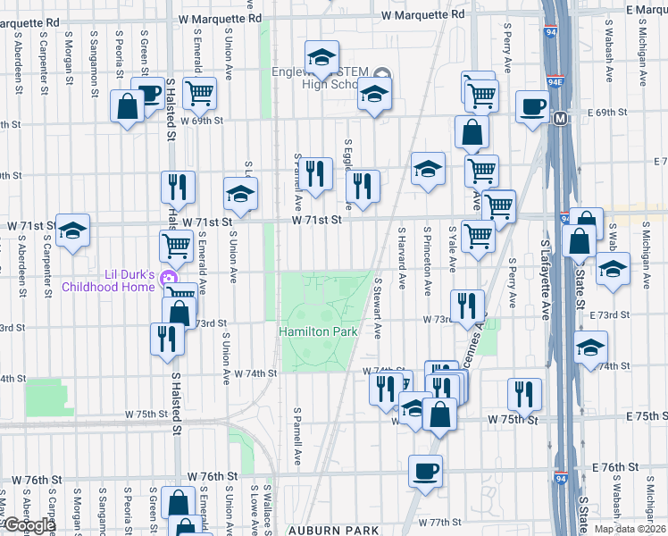 map of restaurants, bars, coffee shops, grocery stores, and more near 513 West 72nd Street in Chicago