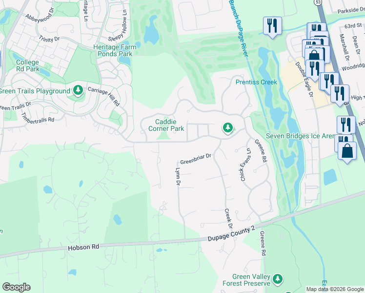map of restaurants, bars, coffee shops, grocery stores, and more near 23W450 Greenbriar Drive in Naperville