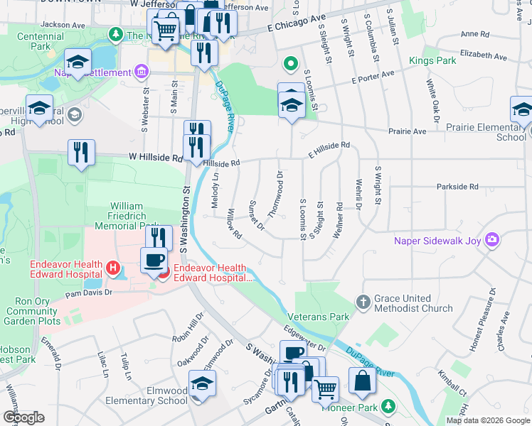 map of restaurants, bars, coffee shops, grocery stores, and more near 712 Sunset Drive in Naperville
