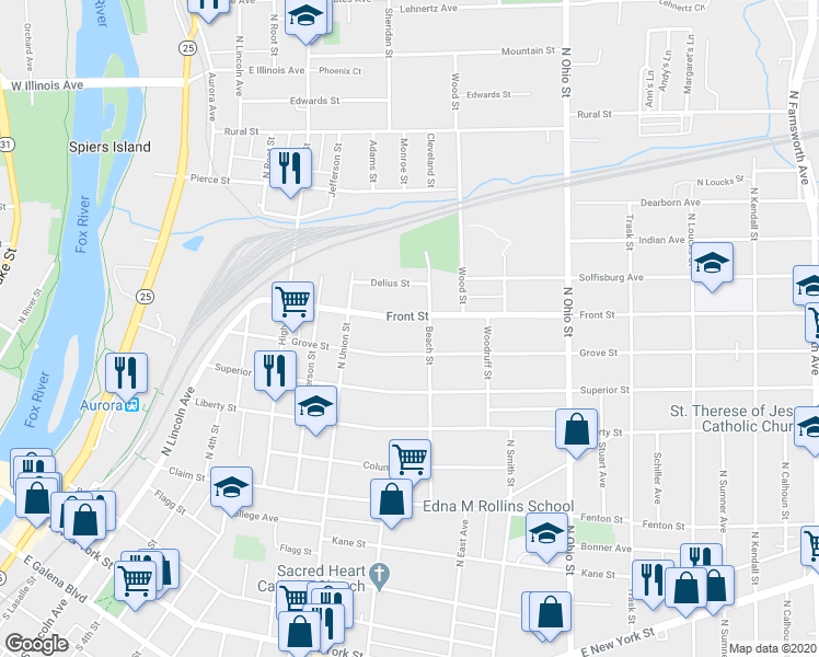 map of restaurants, bars, coffee shops, grocery stores, and more near 752 Grove Street in Aurora