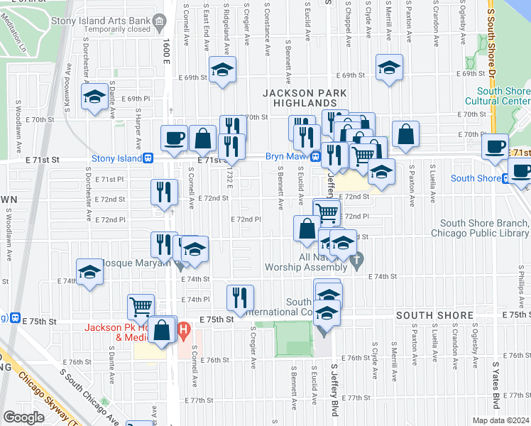 map of restaurants, bars, coffee shops, grocery stores, and more near 7221 South Constance Avenue in Chicago