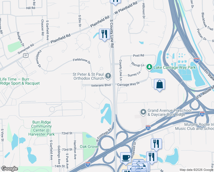 map of restaurants, bars, coffee shops, grocery stores, and more near Veterans Boulevard in Burr Ridge