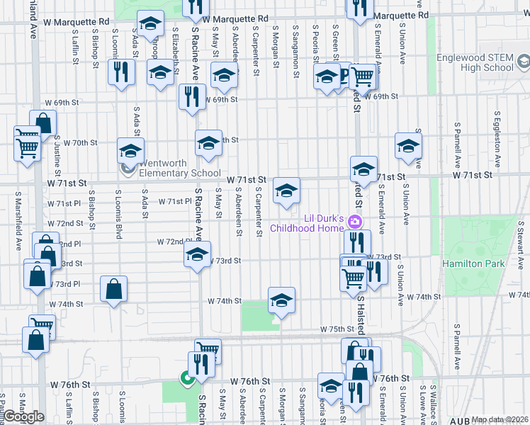 map of restaurants, bars, coffee shops, grocery stores, and more near 7204 South Morgan Street in Chicago