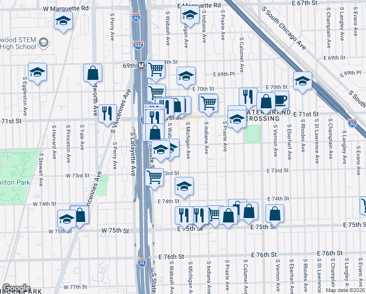 map of restaurants, bars, coffee shops, grocery stores, and more near 7229 South Wabash Avenue in Chicago