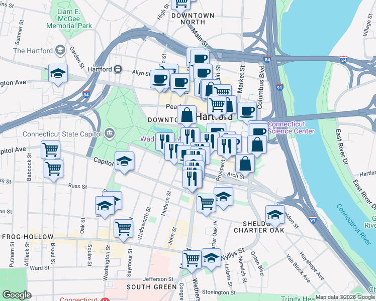 map of restaurants, bars, coffee shops, grocery stores, and more near 100 Wells Street in Hartford