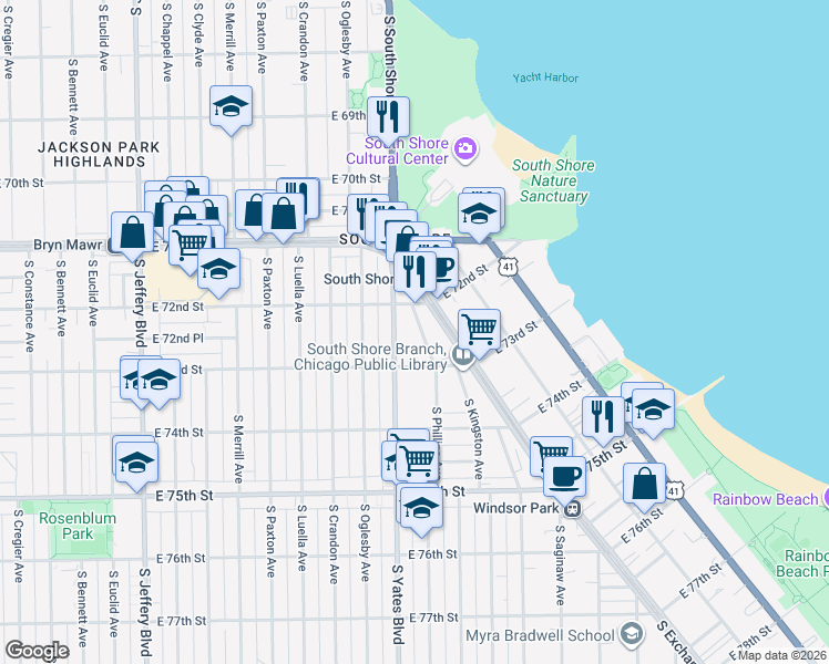 map of restaurants, bars, coffee shops, grocery stores, and more near 7228 South Phillips Avenue in Chicago