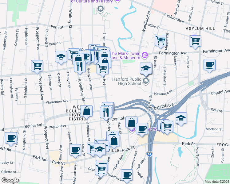 map of restaurants, bars, coffee shops, grocery stores, and more near 170 Sisson Avenue in Hartford