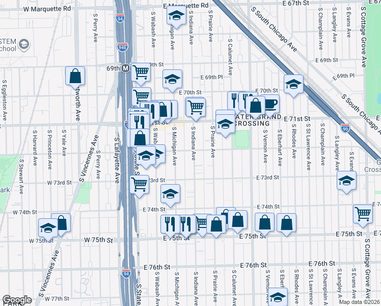map of restaurants, bars, coffee shops, grocery stores, and more near 131 East 72nd Street in Chicago