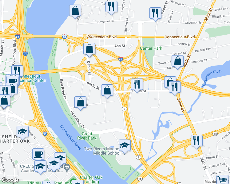 map of restaurants, bars, coffee shops, grocery stores, and more near 184 Pitkin Street in East Hartford