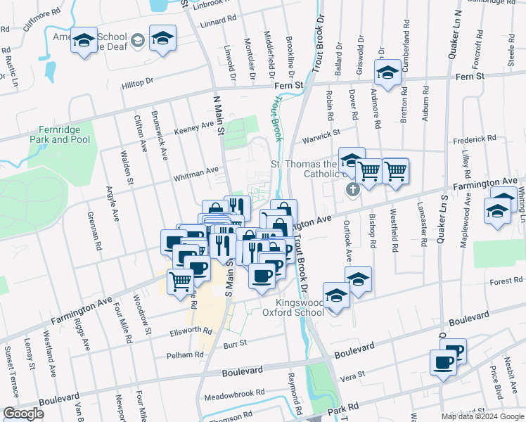 map of restaurants, bars, coffee shops, grocery stores, and more near 34 Loomis Drive in West Hartford