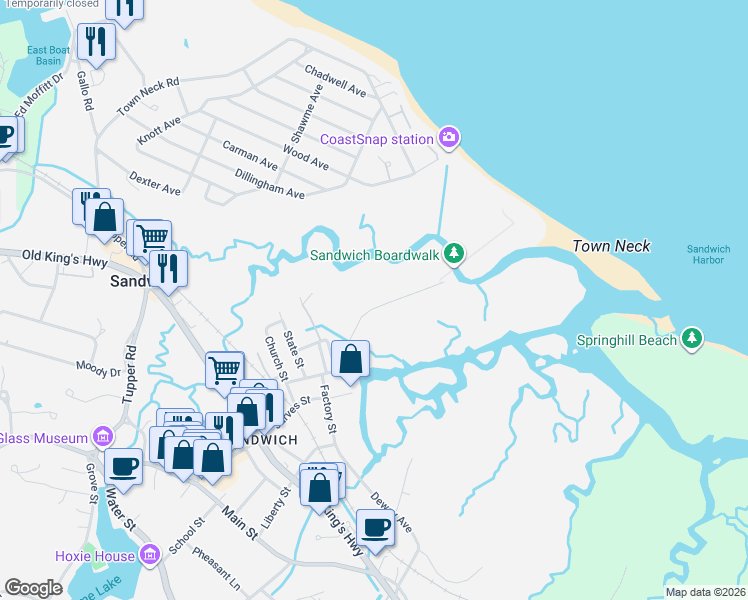 map of restaurants, bars, coffee shops, grocery stores, and more near 3 Boardwalk Road in Sandwich
