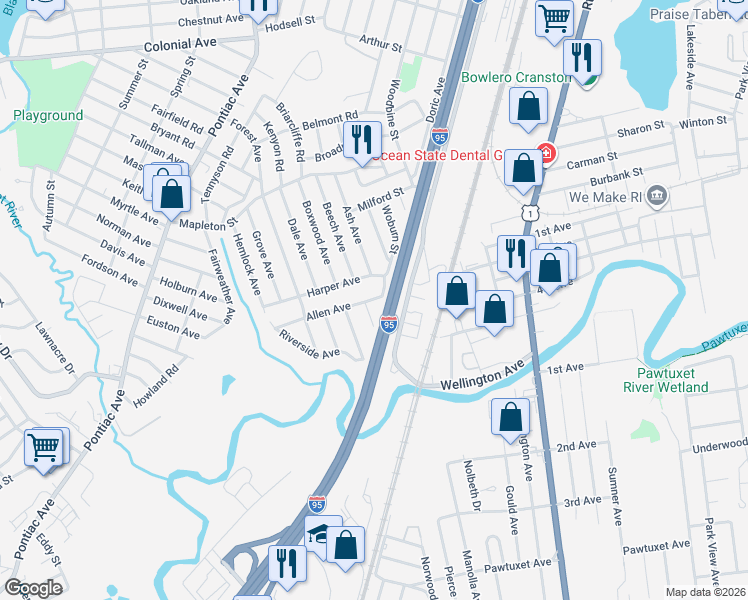 map of restaurants, bars, coffee shops, grocery stores, and more near 20 Spruce Avenue in Cranston
