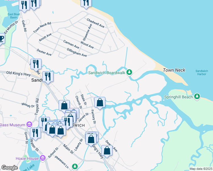 map of restaurants, bars, coffee shops, grocery stores, and more near 3 Boardwalk Road in Sandwich