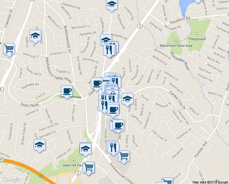 map of restaurants, bars, coffee shops, grocery stores, and more near 22 Midway Road in Cranston