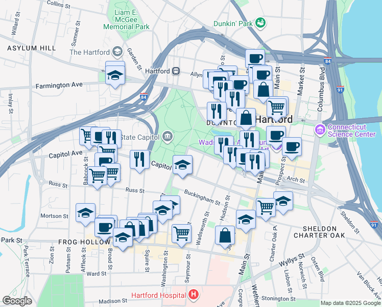 map of restaurants, bars, coffee shops, grocery stores, and more near 30 Trinity Street in Hartford