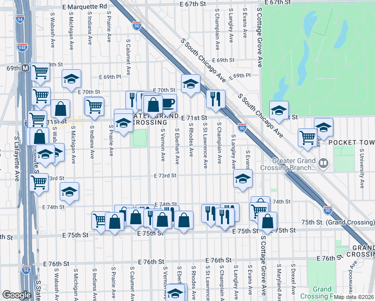 map of restaurants, bars, coffee shops, grocery stores, and more near 7232 South Rhodes Avenue in Chicago