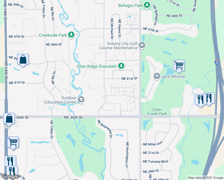 map of restaurants, bars, coffee shops, grocery stores, and more near 3911 Northeast Tulip Lane in Ankeny