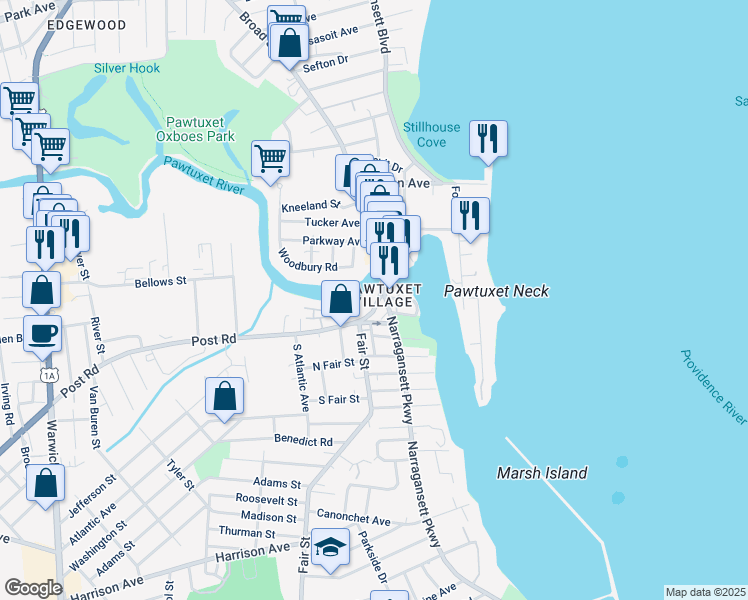 map of restaurants, bars, coffee shops, grocery stores, and more near 25 Post Road in Warwick