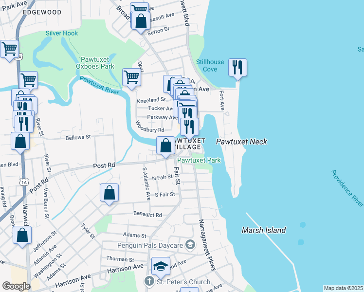 map of restaurants, bars, coffee shops, grocery stores, and more near 25 Post Road in Warwick