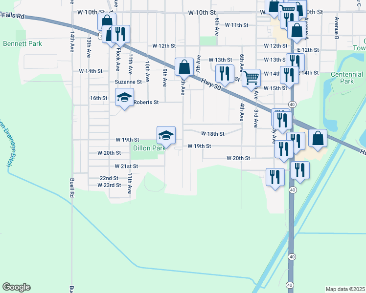 map of restaurants, bars, coffee shops, grocery stores, and more near 1901 8th Avenue in Rock Falls