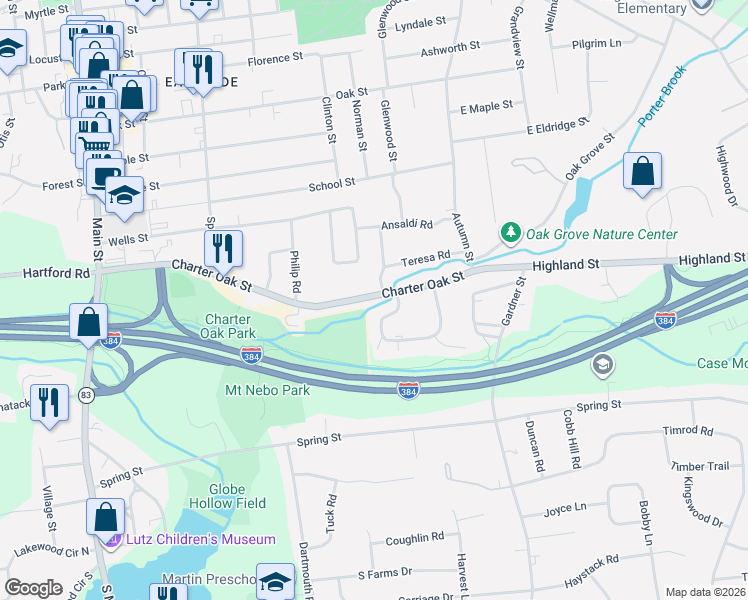 map of restaurants, bars, coffee shops, grocery stores, and more near 264 Charter Oak Street in Manchester