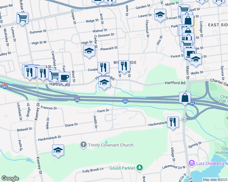 map of restaurants, bars, coffee shops, grocery stores, and more near 44 Prospect Street in Manchester