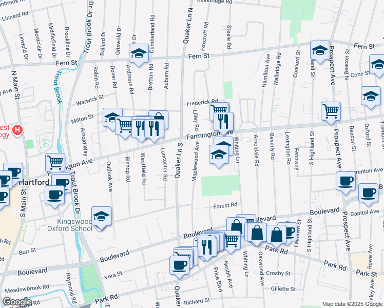 map of restaurants, bars, coffee shops, grocery stores, and more near 50 Maplewood Avenue in West Hartford