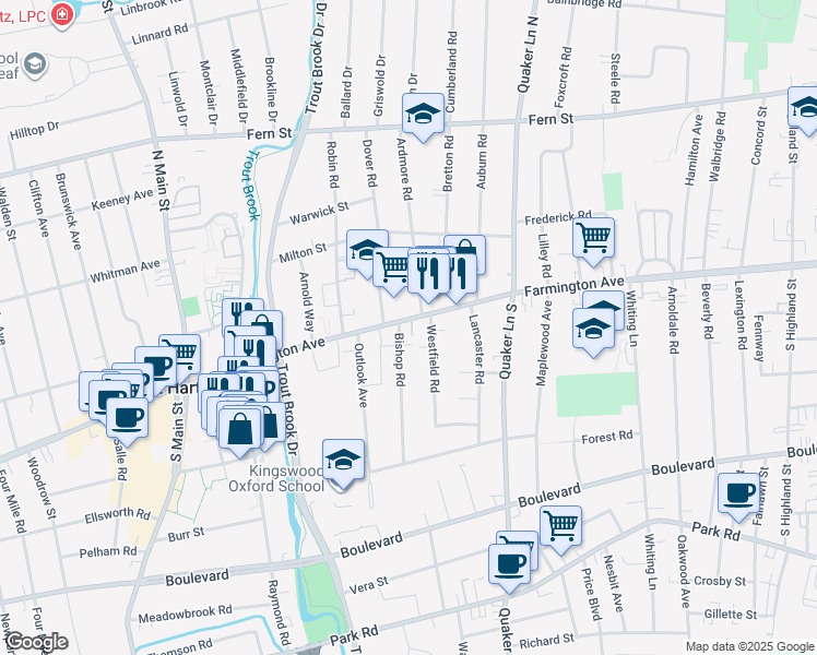 map of restaurants, bars, coffee shops, grocery stores, and more near 11 Bishop Road in West Hartford