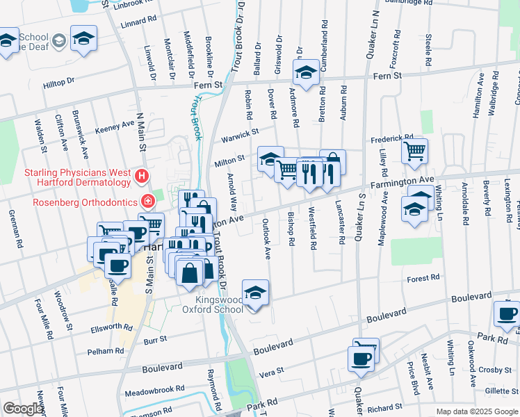map of restaurants, bars, coffee shops, grocery stores, and more near 19 Outlook Avenue in West Hartford