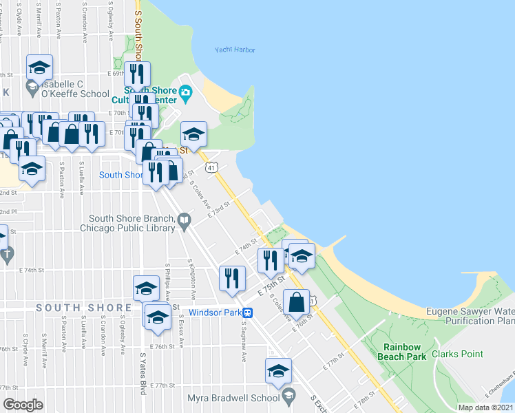 map of restaurants, bars, coffee shops, grocery stores, and more near 7345 South South Shore Drive in Chicago