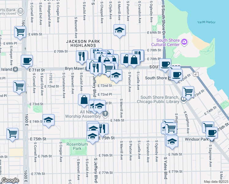 map of restaurants, bars, coffee shops, grocery stores, and more near 7244 South Merrill Avenue in Chicago