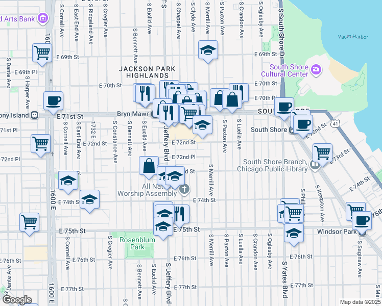 map of restaurants, bars, coffee shops, grocery stores, and more near 2043 East 72nd Place in Chicago