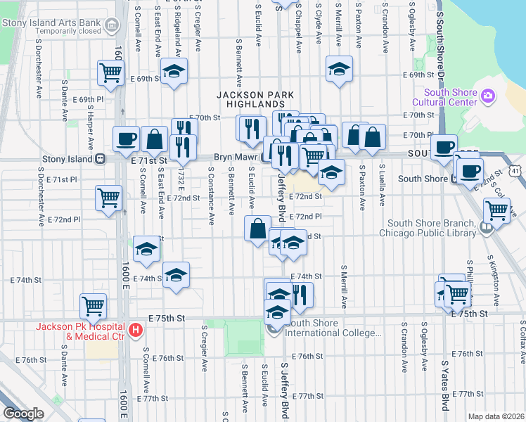 map of restaurants, bars, coffee shops, grocery stores, and more near 1953 East 72nd Place in Chicago