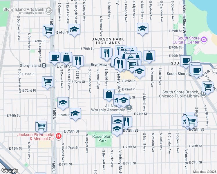 map of restaurants, bars, coffee shops, grocery stores, and more near 1953 East 72nd Place in Chicago