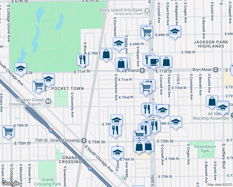 map of restaurants, bars, coffee shops, grocery stores, and more near 7244 South Dorchester Avenue in Chicago