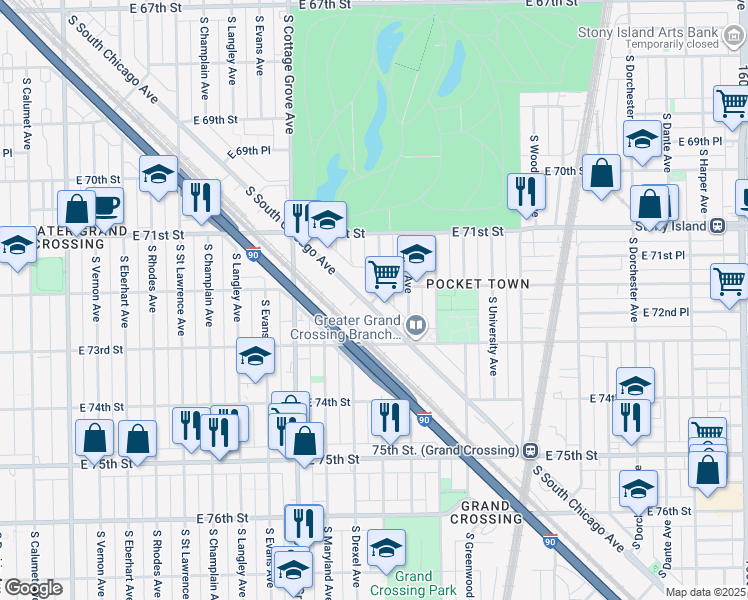 map of restaurants, bars, coffee shops, grocery stores, and more near 7275 South South Chicago Avenue in Chicago