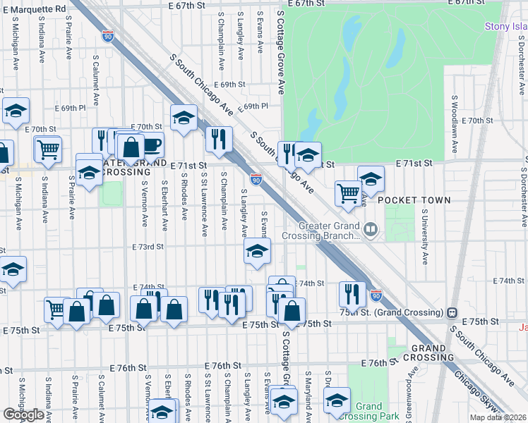map of restaurants, bars, coffee shops, grocery stores, and more near 7233 South Langley Avenue in Chicago