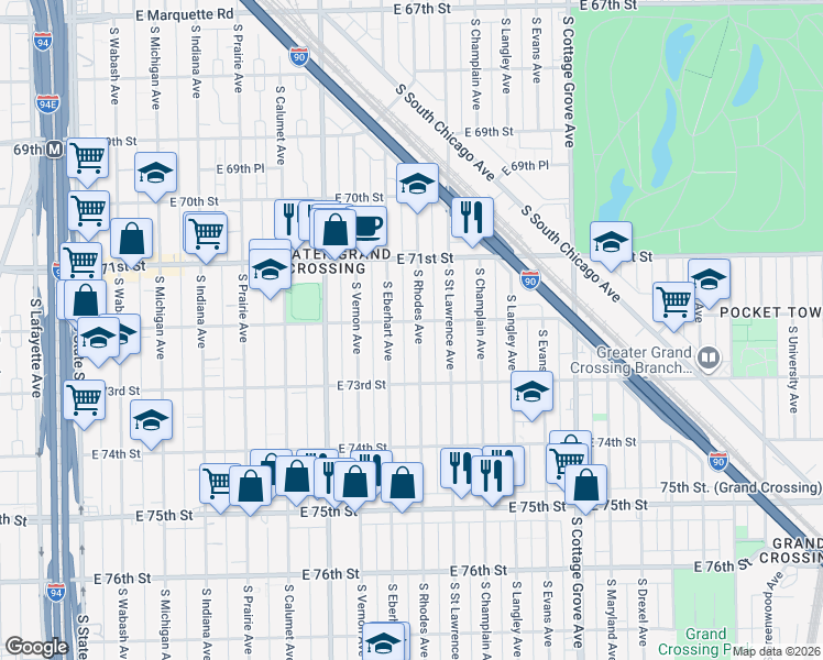 map of restaurants, bars, coffee shops, grocery stores, and more near 7232 South Rhodes Avenue in Chicago