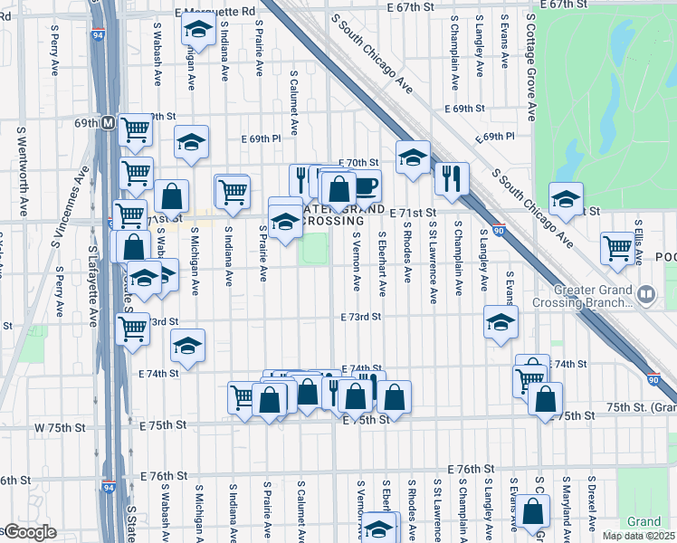 map of restaurants, bars, coffee shops, grocery stores, and more near 7229 South King Drive in Chicago