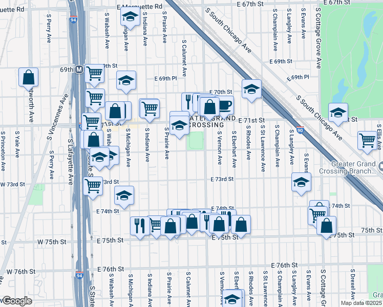 map of restaurants, bars, coffee shops, grocery stores, and more near 7229 South Calumet Avenue in Chicago