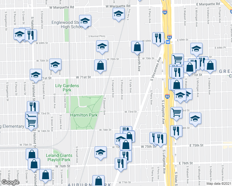 map of restaurants, bars, coffee shops, grocery stores, and more near 7217 South Harvard Avenue in Chicago