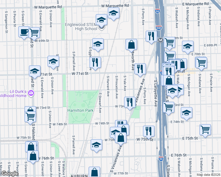 map of restaurants, bars, coffee shops, grocery stores, and more near 7217 South Harvard Avenue in Chicago