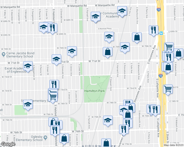 map of restaurants, bars, coffee shops, grocery stores, and more near 513 West 72nd Street in Chicago