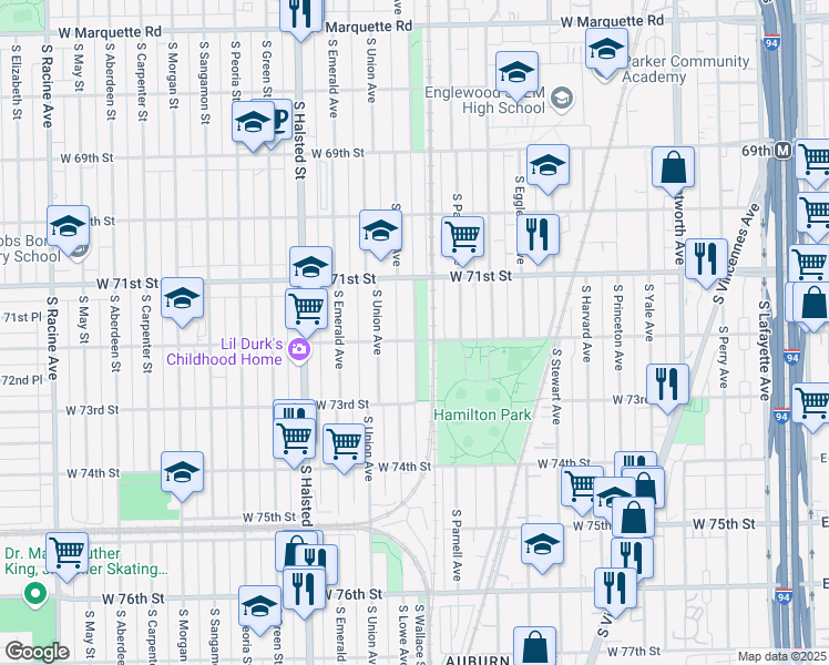 map of restaurants, bars, coffee shops, grocery stores, and more near 7210 South Lowe Avenue in Chicago