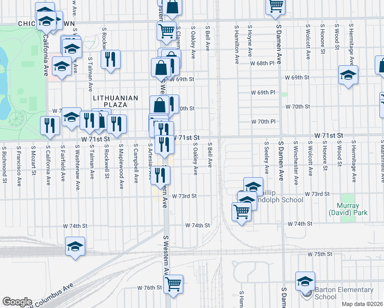 map of restaurants, bars, coffee shops, grocery stores, and more near 2308 West 72nd Street in Chicago